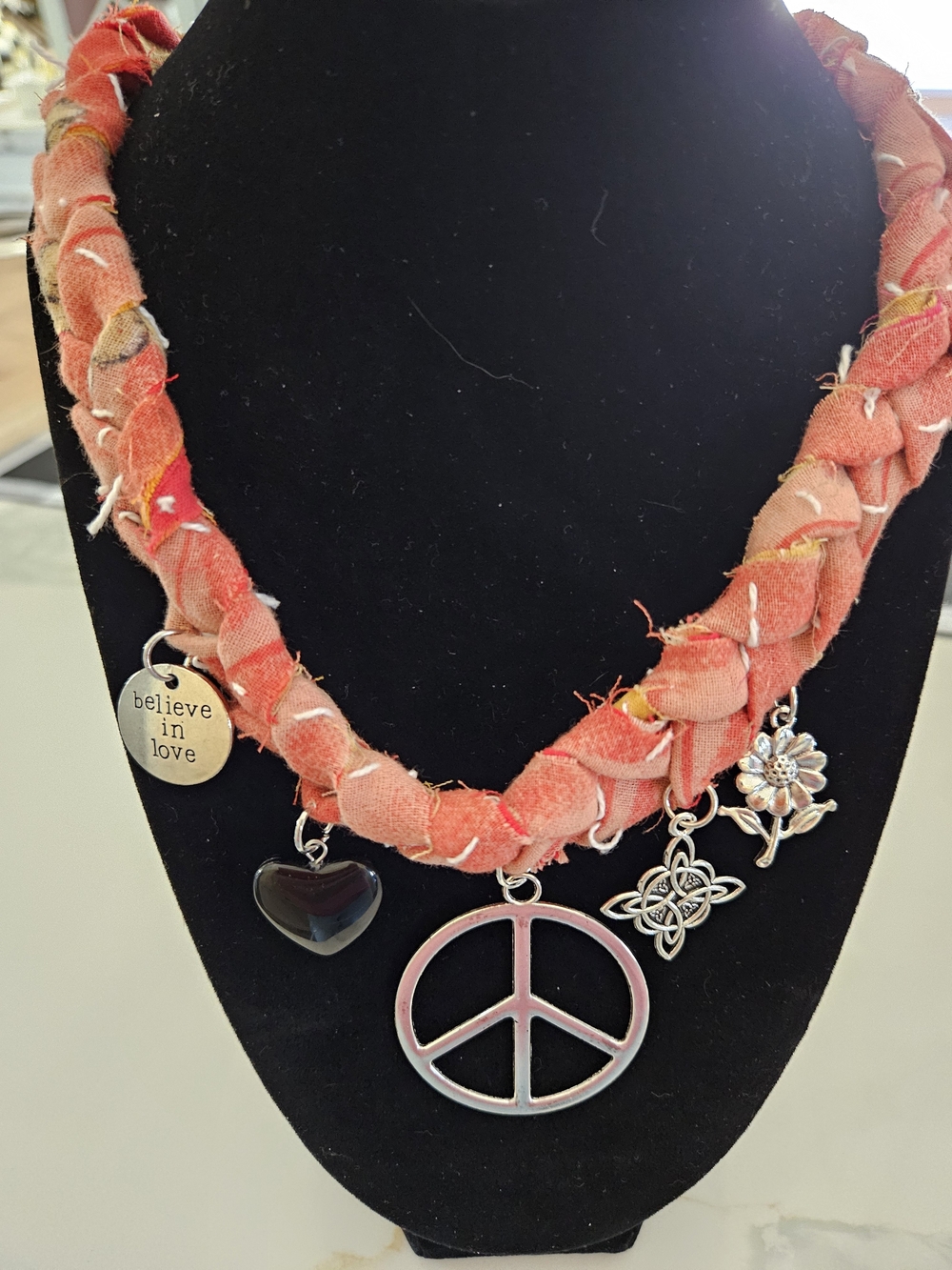 Boho Pale Pink Kantha Braided Necklace with Silver Charms